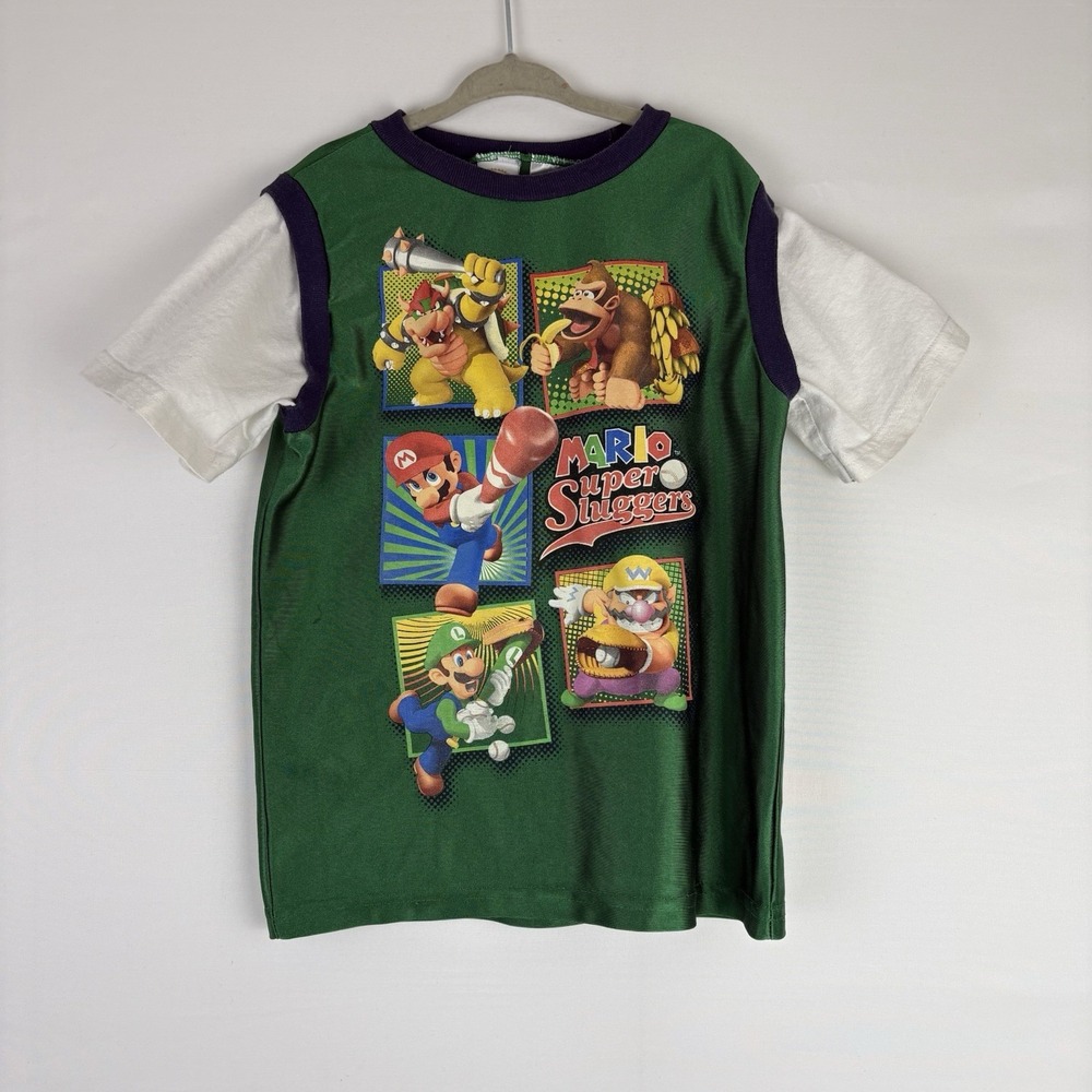 Nintendo Wii Super Mario Sluggers Baseball Boys S Shirt 6/7 Shiny Wario Bowser